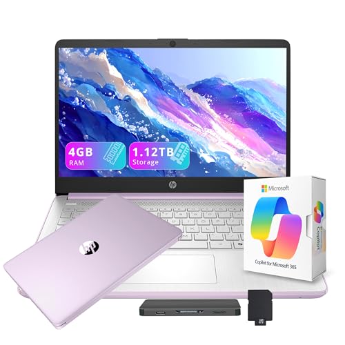 Image of HP Stream 14 inch HD Laptop with AI Copilot, Intel Processor N150, 4GB RAM, 1.12TB Storage (128GB UFS + 1TB Docking Station Set), Intel Graphics, 1 Year Office 365, Wi-Fi 6, Win 11, Lavender Purple