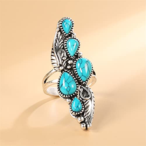 Vintage Turquoise Flower Leaf Statement Ring for Women Girls Oxidized Silver Plated Black CZ Boho Filigree Wide Band Finger Rings Comfort Fit Bohemian Indian Bollywood Wedding Birthday Retro Jewelry Size 83