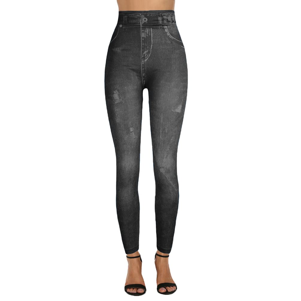 Junhouse Women Ladies Skinny Faux Denim Leggings Jeans Jeggings Fit Classic Stretch Floral Jeans High Waist Pencil Pants Tights Trousers (XXL,XMK Black)