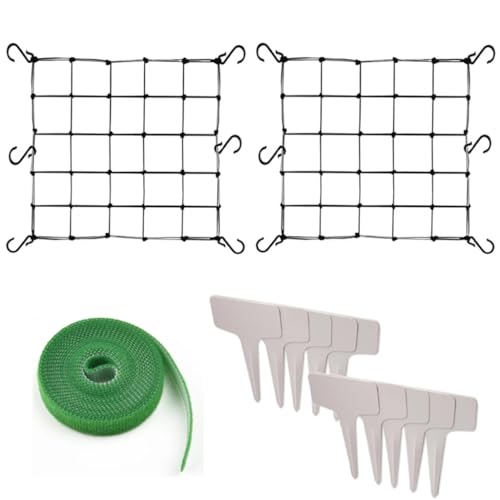JZTang 2 Pcs Scrog Net 2x2 FT Trellis Net for Grow Tent Elastic Trellis Netting with Hooks Loop Tape Garden Label for Indoor Plant Growing Tents Garden Plant Climbing Plants Support Black