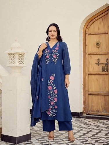Image of ANNI Designer Kurta Set for Women Viscose Embroidered | Kurti Set for Woman | A Line Kurta Palazzo Dupatta 3 Piece Outfit | V Neck 3 /4 Sleeve Regular Fit Ethnic Dress Stylish Clothing