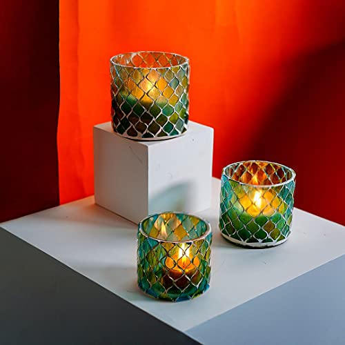 Shop Lc Set Of 3 Votive Candle Holders For Table Centerpiece Mosaic Pattern Blue And Green Tealight Glass Party Dining Room Moroccan Decor Gifts #TOP1