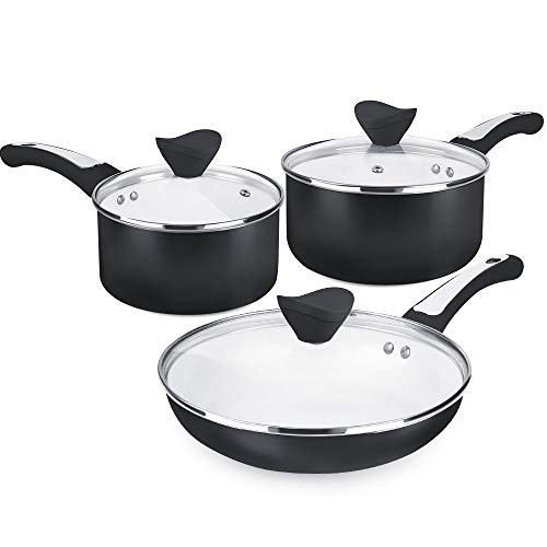 SHINEURISaucepans Set 6 Pieces Nonstick Pots and Pans with Lid 1 and 2 Quart Saucepan 9.5” Frying Pan with Lid Ceramic Cookware Set