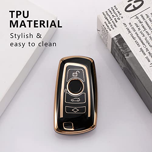 Image of Keyzone TPU car Key Cover and Keychain Compatible for BMW X4, X3, 5 Series, 6 Series, 3 Series, 7 Series 4 Button Smart Key (Type1) (Gold Black with Gold Black KZ Keychain)