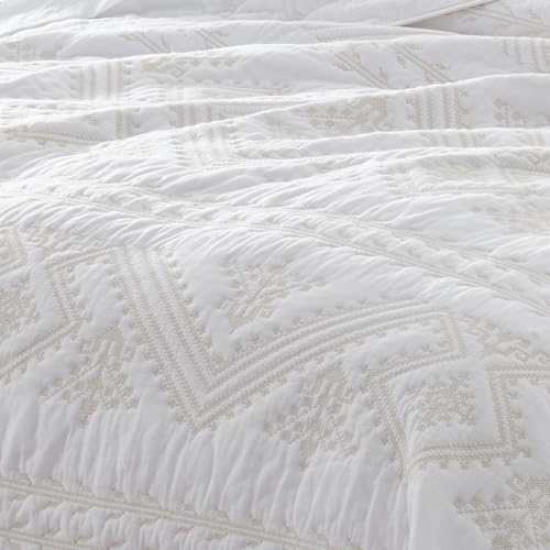 LEAONME 100% Cotton 3-Piece Quilt Set White Full Queen Size Lightweight Bedspread Coverlet 90''x98'' Soft Luxurious Embroidered Bedding Set for All Seasons (1 Quilt, 2 Pillow Shams)
