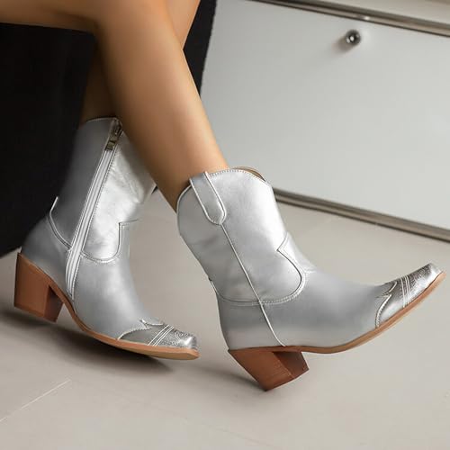 Alyaafifa Embroidered Cowgirl Ankle Booties for Women Stacked Block Low Heel Western Short Boots Closed Pointed Toe Pull On Cowboy Boots Leather Dressy Shoes Vintage Comfortable2