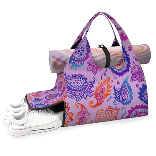 Yoga Gym Bag for Women, Retro Pattern Gym Bag with Yoga Mat Holder, Duffel Bag, Sport Bag with Shoe Compartment and Wet Dry Storage Pockets, Suitable for Gym, Travel, Pilates and Beach