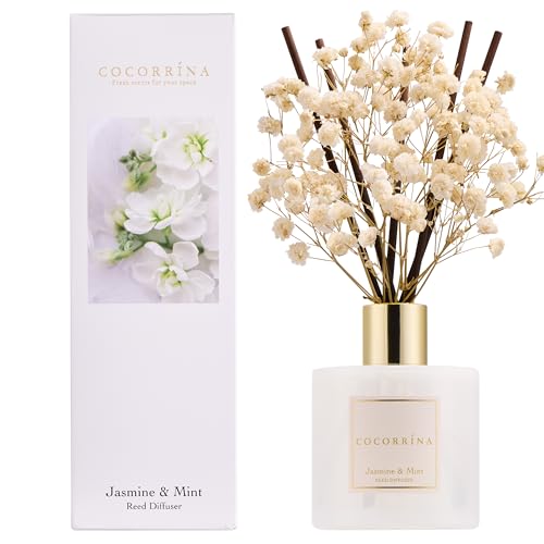 COCORRÍNA Raumduft Reed Diffuser mit 8 Duftstäbchen 200ml, Jasmine & Mint, Natürlich, Langanhaltend, Home Duft ätherisches Öl Reed Diffusor für Badezimmer Regal Dekoration