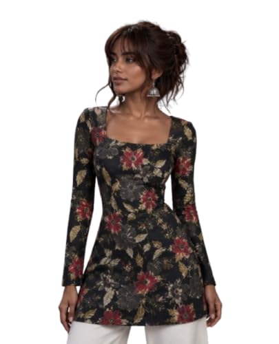 Image of Rain Forest Short Kurti with Stylish Corset Back | Full Sleeves | Office & Casual Wear | Regular Fit | Pair with Jeans, Palazzos