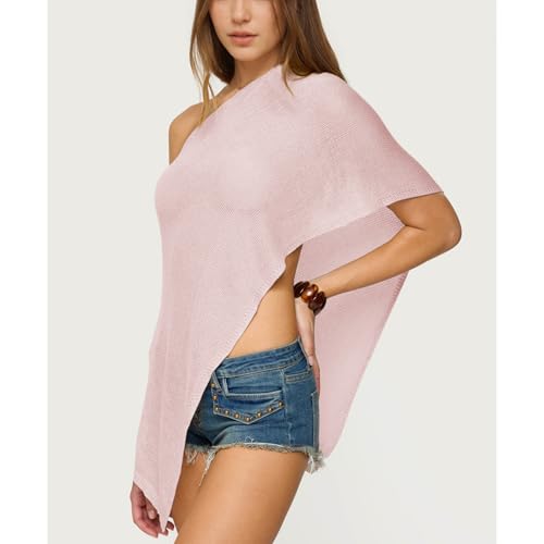 Sheer Poncho for Women Trendy Off Shoulder Asymmetric Knit Cover Up Vacation Shawl Shrug Lightweight Sweater Top3