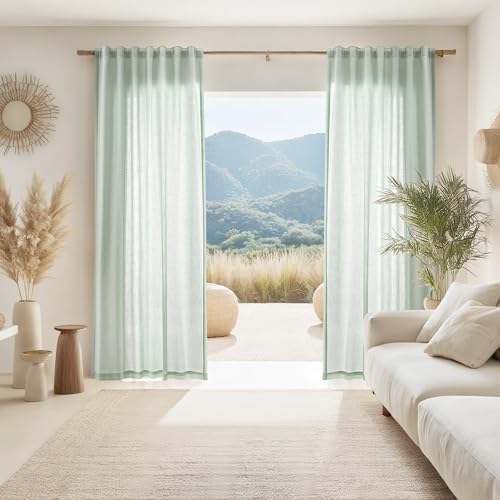 Image of Joywell Extra Long Linen Curtains 102 Inches for Living Room Aqua Green