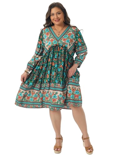 Image of Agnes Orinda Plus Size Summer Dress for Women Casual Boho Floral V Neck 3 /4 Sleeve Midi Short Beach Dress