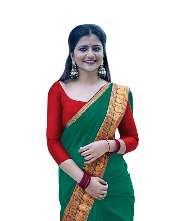 Jaanvi fashionWomen's Narayan Peth Cotton Silk Saree With Gold -Toned Zari Work & Unstitched Blouse Piece