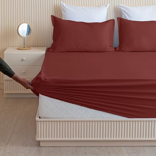 Image of HOMEMONDE Cotton Fitted Bedsheet for Single Bed Size - 72x36 Inches Maroon Elastic Sheet with 1 Pillow Cover, 210 Thread Count, Comfort Cotton Bedsheets for Home | Perfect for Home Decor & Gifting