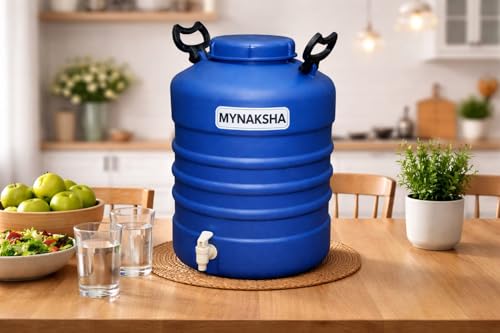 Image of MYNAKSHA Water Dispenser with Tap, Plastic Water Storage Drum, Open Top with Lid, Ideal for Home, Kitchen & Office, Food Grade HDPE Material, UV-Stabilized (25 litres, Blue)