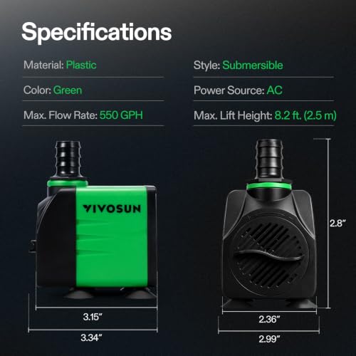 Image of VIVOSUN 550GPH Submersible Fountain Water Pump for Pond, Aquarium, Statuary