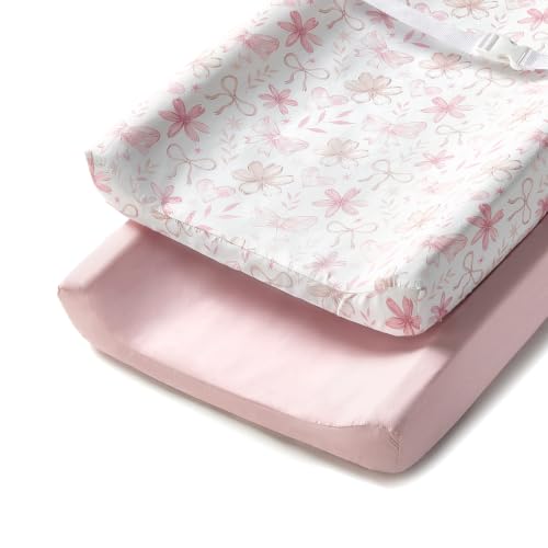 Image of Changing Pad Cover Set in Soft Jersey Material - Fits 32 inch /34''x16 Contoured Pad for Babies, Pink Flower&Butterfly