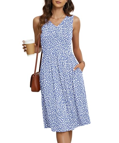 Image of NILOUFO Sleeveless Dress for Women Summer Knee Length Sundress with Pockets | Sundresses for Women Tank Empire Waist Sun Dress Cold Shoulder Casual V Neck Midi Dress Flowy Summer Dresses for Women