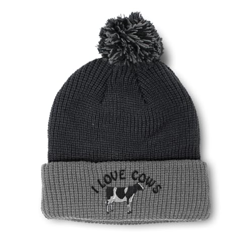 Pom Pom Beanies for Women I Love Cows Embroidery Skull Cap Farm and Domesticated Animals Winter Hats for Men Acrylic 1 Size Black Grey Design Only