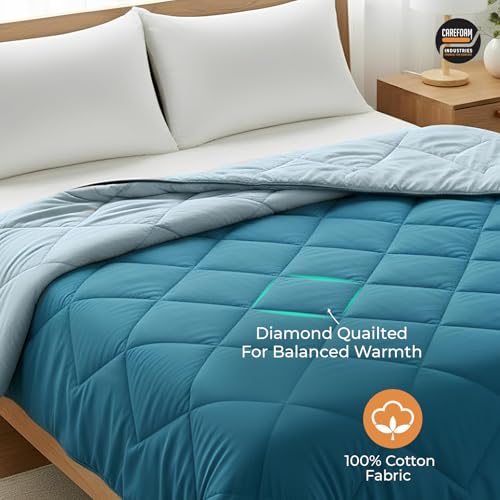 Image of CareFoam Premium AC Comforter Reversible 220 GSM Microfiber Soft| All-Season Thermal Quilt | | Single Bed 60 x 90 | Ocean Blue and Mild Blue