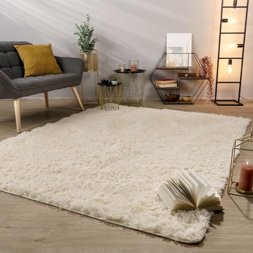 TT Home Teppich Wohnzimmer Hochflor Langflor Weich Soft Modernes Einfarbiges Design, Farbe: Hellbeige Creme, Größe:60x100 cm