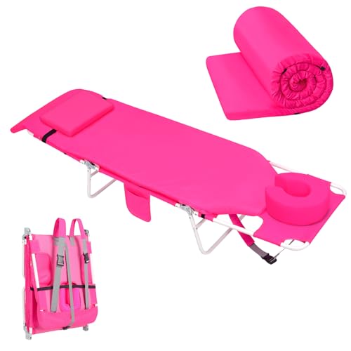 3 in 1 Women Comfort Backpack Beach Tanning Lounge Chair with Cushion Face Hole Softer Padded Adjustable Washable, Layout Sun Chair for Adults Outside Reading Sunbathing Poolside, 6 Position, Pink