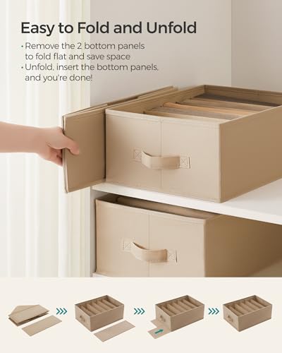 Image of SONGMICS Set of 4 Large Size Wardrobe Clothes Organizers, Sand Beige | 6-Compartment Foldable Drawer Organizers with Handles, 16.5 x 11.8 x 6.7 Inches, for Pants, Sweaters, Jeans URUS009K01