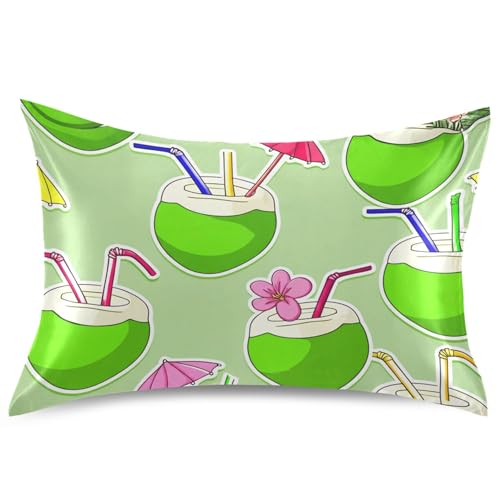 Taie d'oreiller en satin standard Queen King Hawaï vert noix de coco imprimé tropical décoratif doux pour cheveux et peau, M 76,2 x 50,8 cm