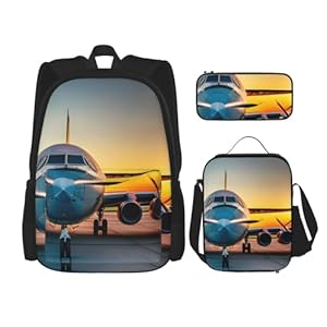 Njkhbolk 3-in-1 Rucksack Set Flugzeug Sonnenuntergang