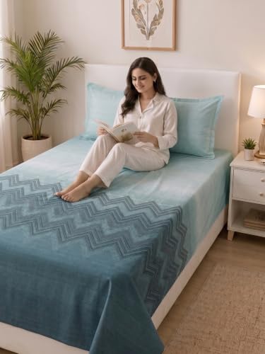 Image of Mafatlal 186 TC Autumn Delight Graceful Pure Cotton Single Flatsheet (60 x 90 Inch) | Breathable Summer Comfort | Wrinkle-Free Floral Bedsheet with 1 Pillow Cover, Ash Teal
