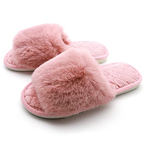 Slippers for Women, Cozy Memory Foam Open Toe House Womens Slippers Shoes Soft Comfy Flat Slide Anti-Slip Fuzzy Furry Faux Fur Sandals for Indoor Outdoor2