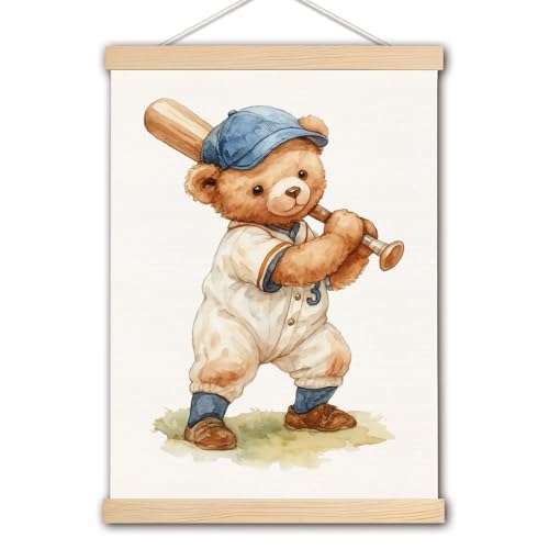 Image of DNEULYR Bear Baseball Wall Art Poster, Baseball Nursery Wall Decor, Retro Cute Bear Sports Poster Hanger Frame for Toddler Kids Boys Room Bedroom Playroom Nursery, 12x16 Inches