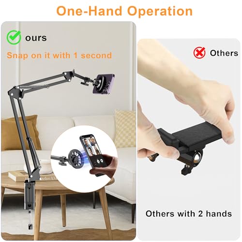 Image of Gooseneck Bed Phone Holder for Magsafe iPhone Stand, Desk Magnetic Phone Arm Mount with Clamp, Adjustable Bedside Laying Down Tablet Mount Compatible with Kindle iPhone 15 14 13 12