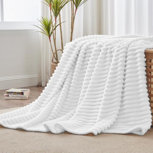 Image of BEDELITE Ribbed Twin Blanket for Couch & Bed, Bright White, 60 inchx80 inch | Ultra-Soft Plush Fleece, Cozy, Warm Yet Lightweight, Ribbed Texture, Home Decor, Machine Washable, Giftable, All-Season Use