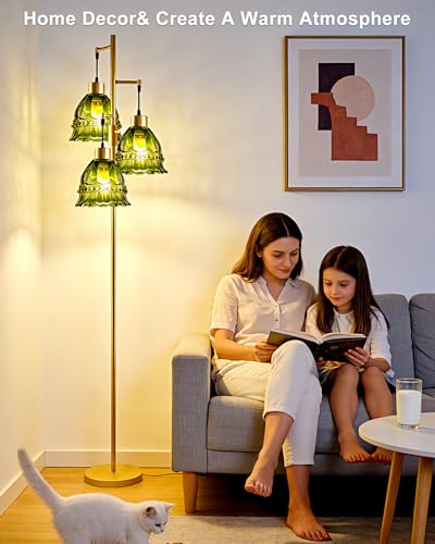 Image of Lightdot 3-Lights Green Glass Floor Lamp Dimmable Gold Floor Lamp with Glass Shade 3000K Bulbs Included Unique Modern Standing Tall Lamp with 5Lbs Heavy Base for Living Room /Bedroom /Sofa Beside
