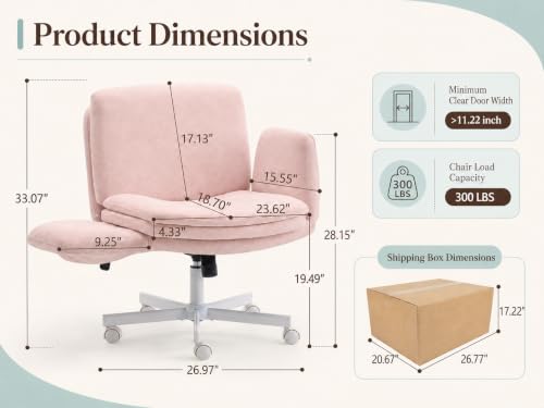 Image of Armrests Criss Cross Chair - Wide Comfy Swivel Vanity Chairs with Wheels, Comfortable Adjustable Home Office Desk Computer Chair for Reading Room, Bedroom, Makeup Room (Pink)