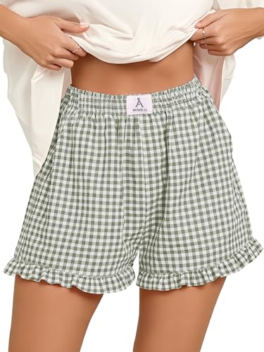 ANRABESS Boxer Shorts for Women Gingham Plaid Elastic Waist Ruffle Perfect for Lounge Pajama&Sleep Cute Casual Summer Bottoms Army Green White Plaid Medium