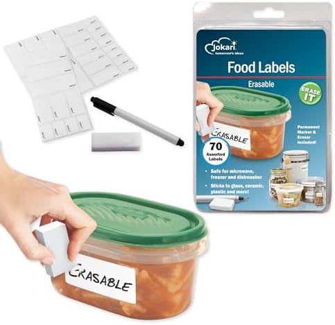 Jokari Label Once Erasable Food Labels with Marker and Eraser Reusable Removable Adhesive Labels for Kitchen Storage Freezer Dishwasher and Microwave Safe 70 Pack