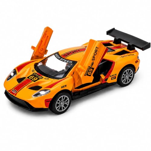 Image of Diecast Metal Pull Back Racing Car Toy for Kids | Opening Butterfly Doors | High Speed Alloy Mini Sports Vehicle | LED Lights & Sound Effects
