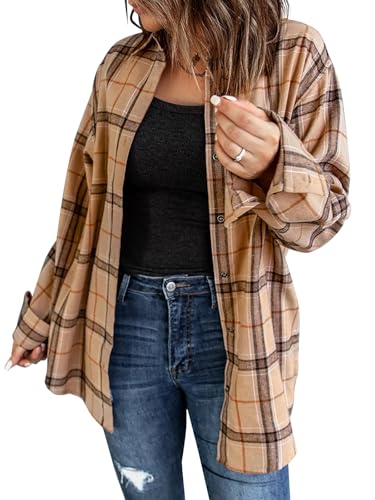 Womens Long Sleeve Plaid Shirts Flannel Collared Button Down Shackets Casual Rolled Up Boyfriend Blouses Top Light Khaki