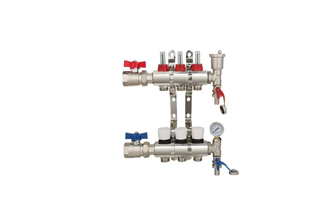Wärmer System 3 Port Underfloor Heating Complete Manifold with Pipe Connections, Ball Valves, Automatic Air Vent and Pressure Gauge End Unit (16mm eurocones)