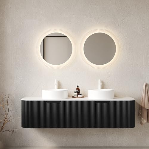 Image of KEIKI 60 inch Bathroom Vanity with Sink, Wall-Mounted Floating Bathroom Vanity with Curved Edge Striped Front, 2 Drawers & 2 Round Ceramic Basins, Pre-Assembled Storage Cabinet, Black
