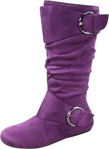 Image of Forever Link Women's Klein-70 Closed Round Toe Buckle Slouch Flat Heel Mid-Calf Boot