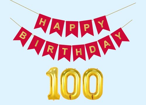 Image of 100th Happy Birthday Decoration Kit Red for 100 year Old Men with Number One-Hundred Party Decorations Decor Celebration Items Item Set Combo Reusable Paper Banner