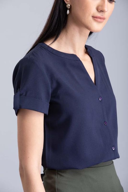 Image of FableStreet Women Formal Top | Asymmetrical Button Placket Band Collar Three-Quarter Sleeves | Pure Cotton Smooth Fabric for Office & Workwear