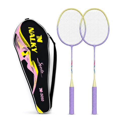 Image of Wide Body Aluminium Badminton Racket Set of 2 for Men & Women | Racquets with High Tension Strings | Indoor & Outdoor Racket with Carry Bag (Purple & Yellow)