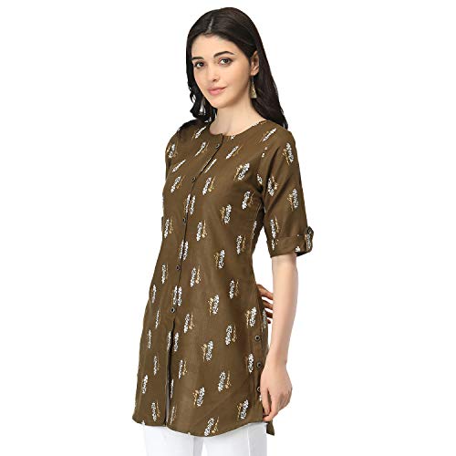 Image of OM SAI LATEST CREATION Slub Rayon Fully Stitched Anarkali Foil Print Kurti for Women & Girls on Jeans Palazzo or Skirt (Plus Size Upto 2XL) (Black)