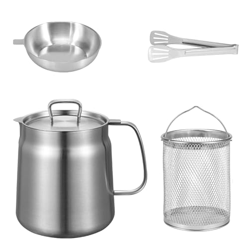 DYUEE Deep Fryer Pot with Basket 2L, Stainless Steel Oil Strainer Pot with Lid and Fine Mesh Strainer, Fine Mesh Strainer Fat Container for Frying Oil Cooking Grease
