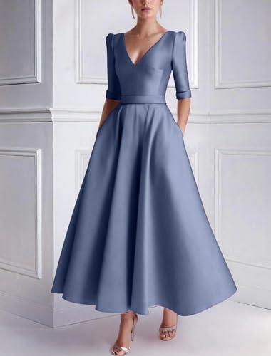 A-Line Wedding Guest Dress Elegant Dress Formal Semi-Formal Tea Length Half Sleeve V Neck Satin with Pocket 20244
