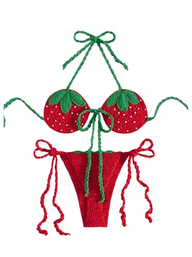 OYOANGLE Women's Crochet Knit Cover Ups Strawberry Halter String Bikini Set Tie Side Bathing Suits